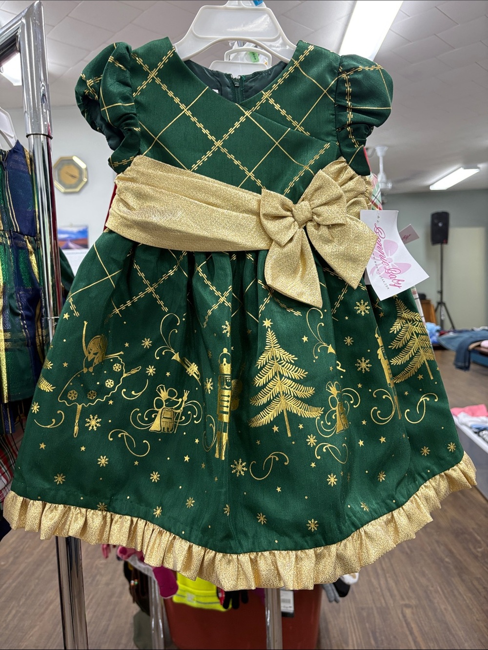 Bonnie Baby Green and Gold Holiday Party Dress with Bow